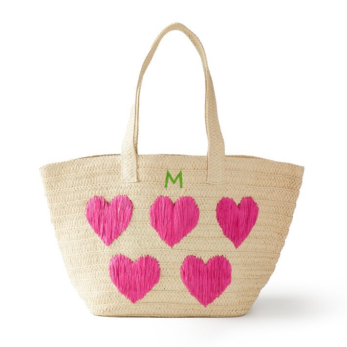 Hearts Embroidered Straw Beach Bag | Mark and Graham
