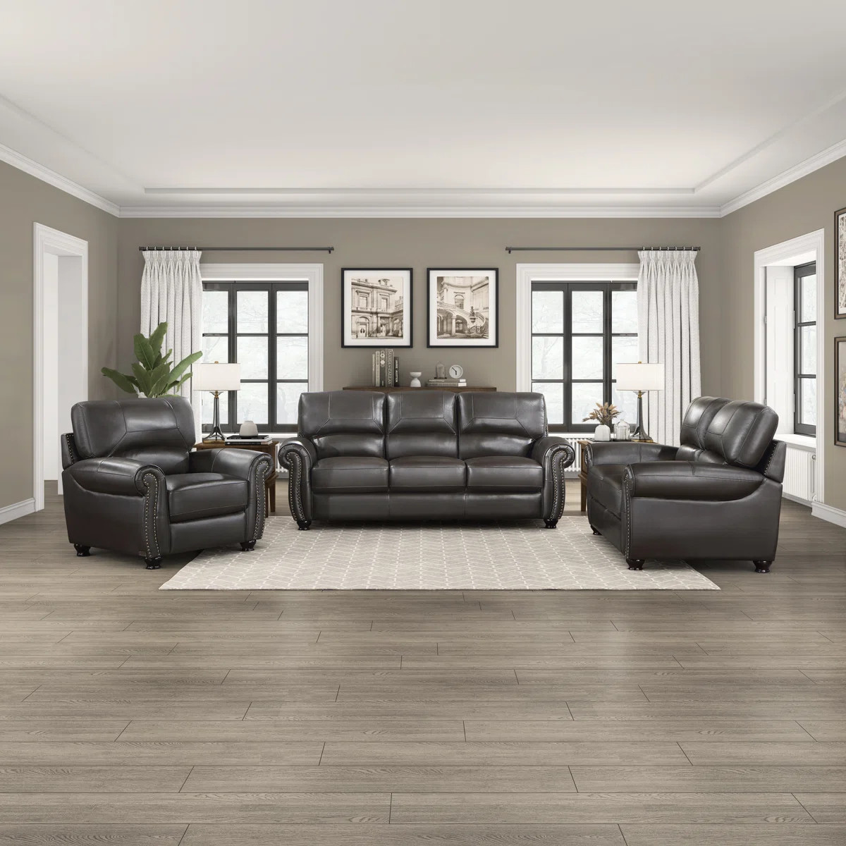 Neoga Traditional Genuine Top Grain Leather 3-Piece Living Room Set with Nailhead Trim, Pocket Co... | Wayfair North America