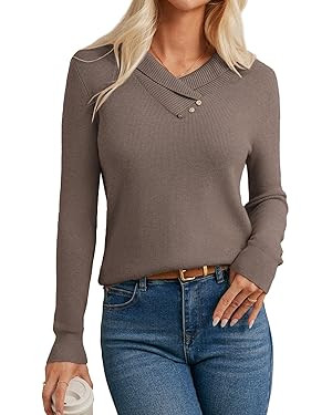 GRACE KARIN Sweaters for Women 2026, Fall Fashion Long Sleeve V Neck Collared Knitted Pullover Sw... | Amazon (US)