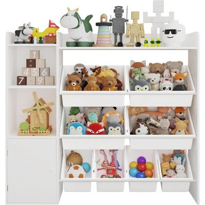 Kids Toy Organizer and Bookshelf – 4-Tier Wooden Storage Shelf with 8 Removable Bins & 3 Storage Cubbies – Ideal for Playroom, Bedroom, Nursery, Study | Wayfair North America
