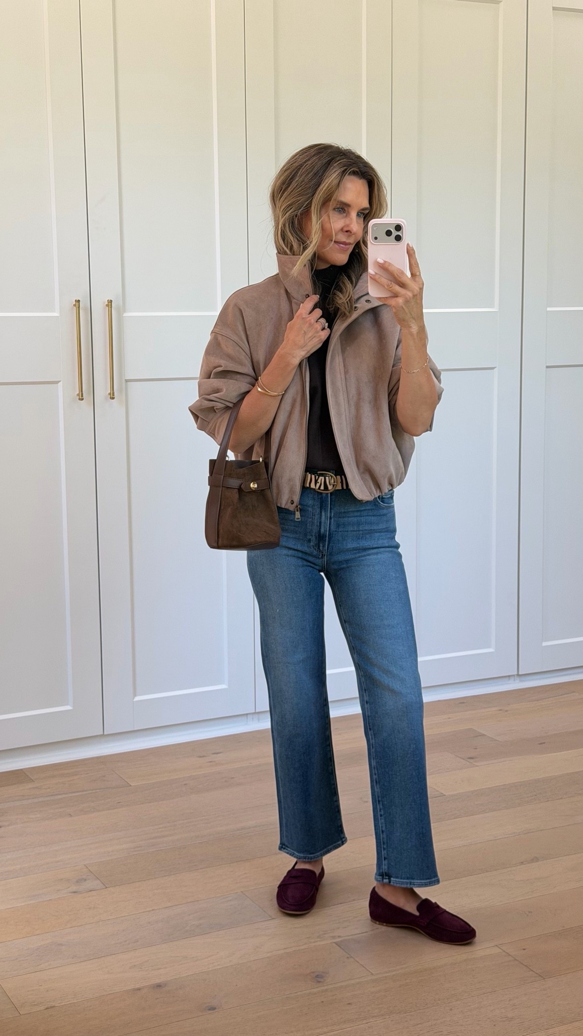 I’m 5’6
-tan suede funnel neck jacket xs
-brown turtle neck sweater xs
-the perfect blue jeans 25
-tiger belt 
-burgundy suede loafers 6.5