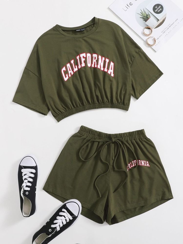 Plus Letter Graphic Tee & Drawstring Shorts | SHEIN