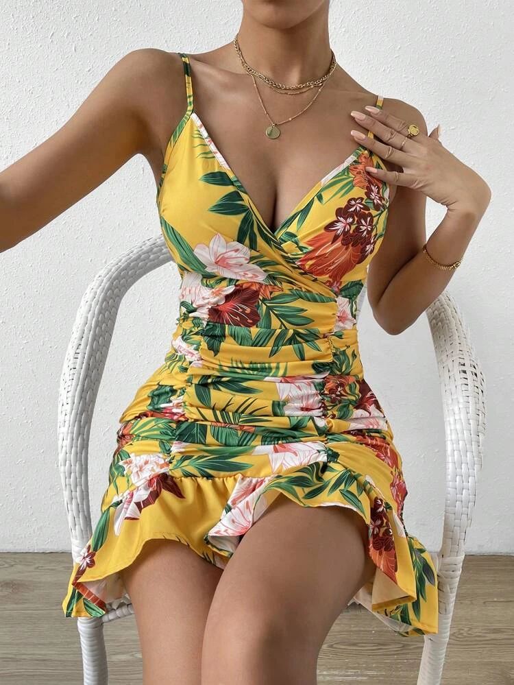 SHEIN Unity Tropical Print Ruffle Hem Cami Dress | SHEIN