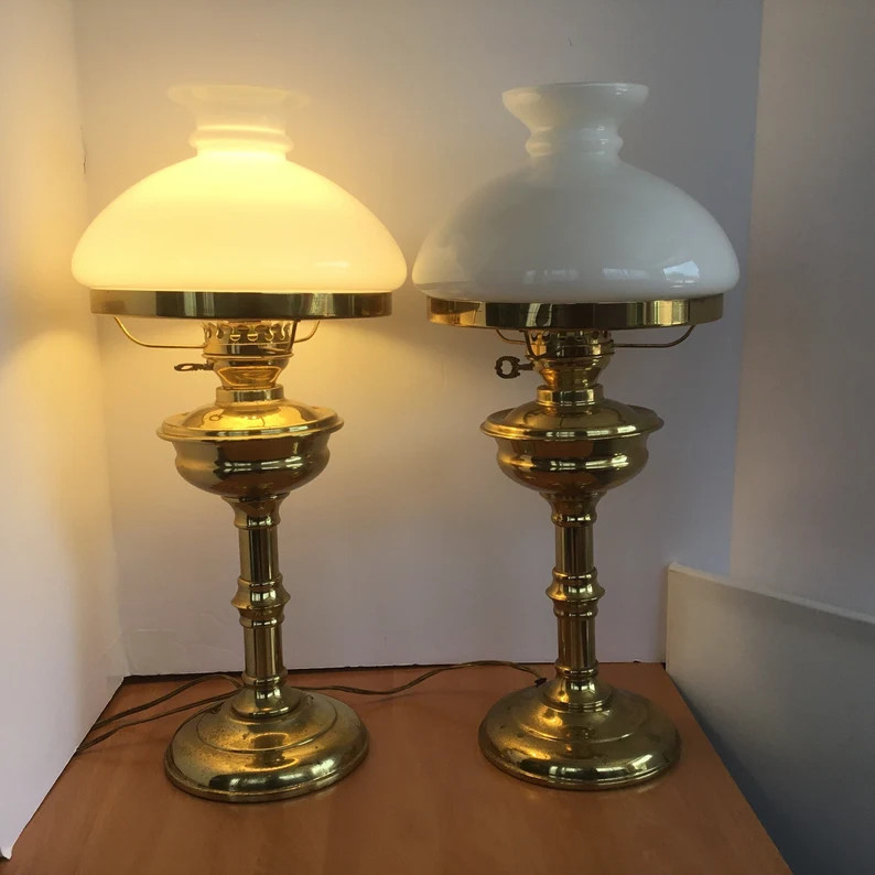 Antique Brass Electric Hurricane Table Lamp Boudoir Vanity Light With White Glass Shade - Etsy | Etsy (US)