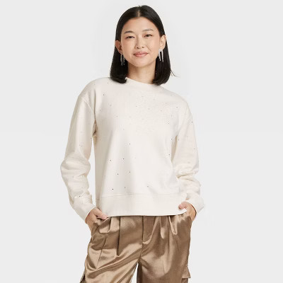 Women's Jeweled Pullover Sweatshirt - A New Day™ Cream XS | Target