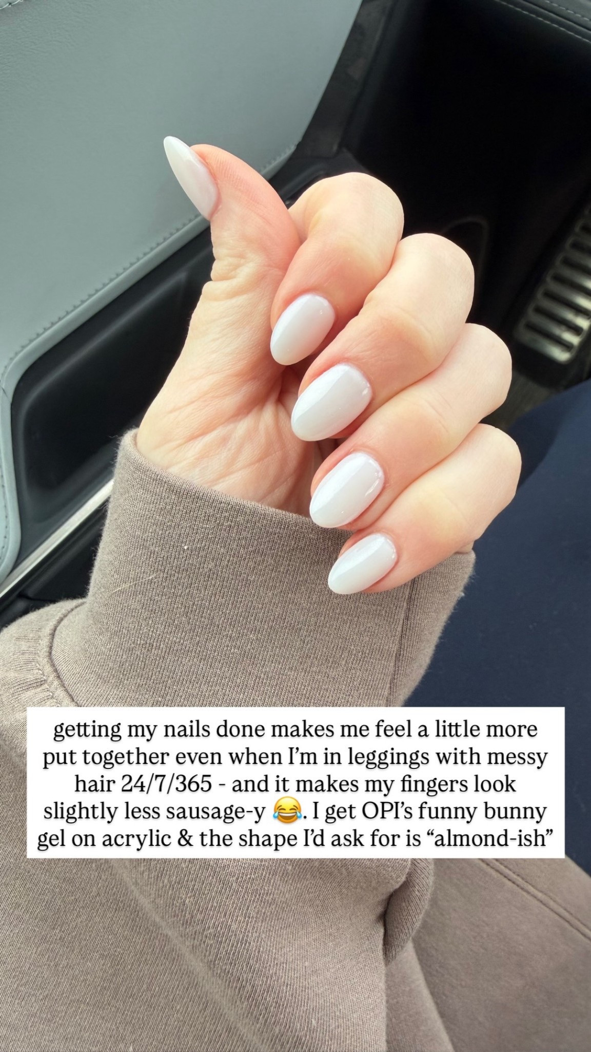 getting my nails done makes me feel a little more put together even when I'm in leggings with messy hair 24/7/365 - and it makes my fingers look slightly less sausage-y 😂. I get OPI's funny bunny gel on acrylic & the shape I'd ask for is "almond-ish"

#LTKValentine #LTKBeauty #LTKmomlife