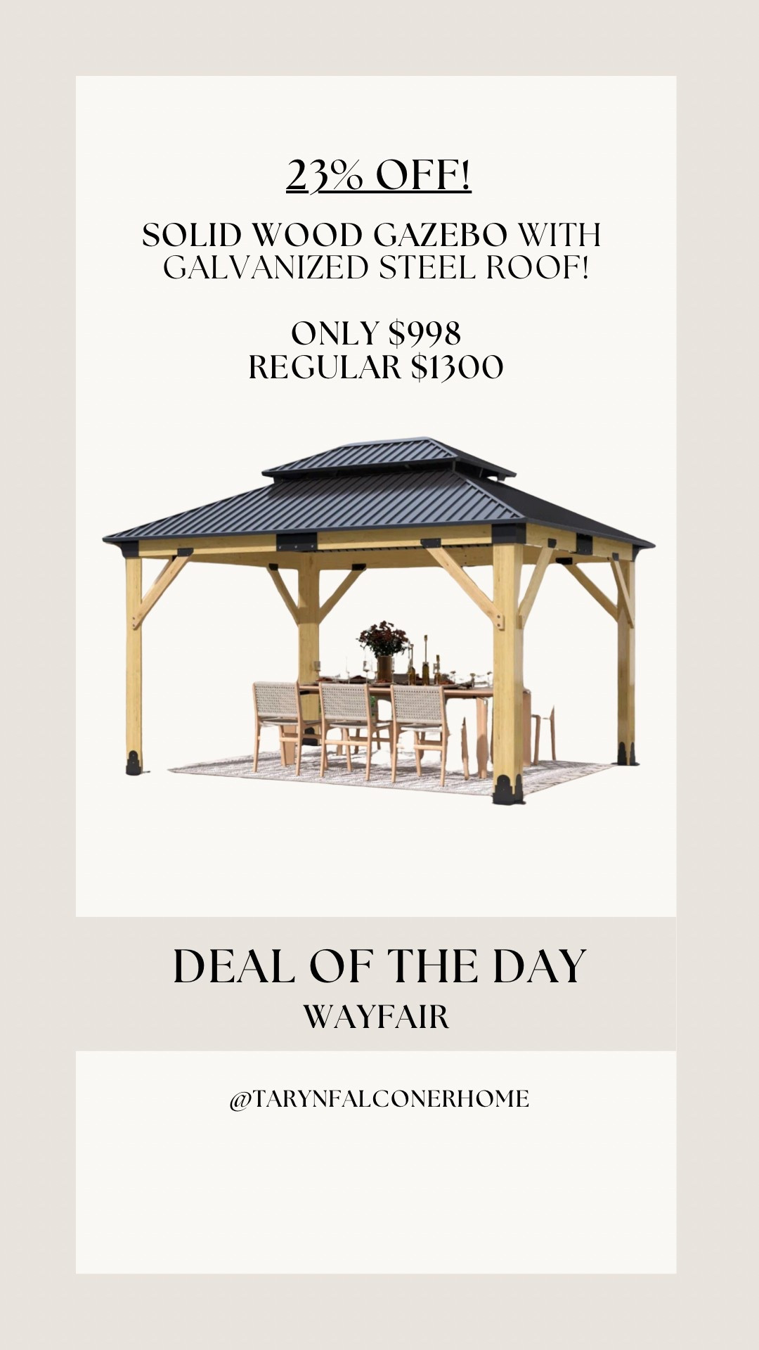 DEAL OF THE DAY! This solid wood gazebo with galvanized, steel roof!

#gazebo #springpatio #summerpatio #outdoor #outdoorpatio #onsale #affordable #patio

#LTKHome #LTKSeasonal