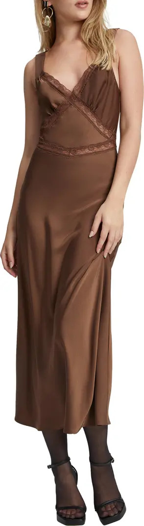 Bardot Emory Lace Trim Cutout Satin Midi Slipdress | Nordstrom | Nordstrom