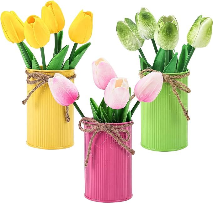Omldggr Easter Decoration Artificial Tulip with Metal Pot, 3 Pak Colorful Easter Table Decor Tul... | Amazon (US)