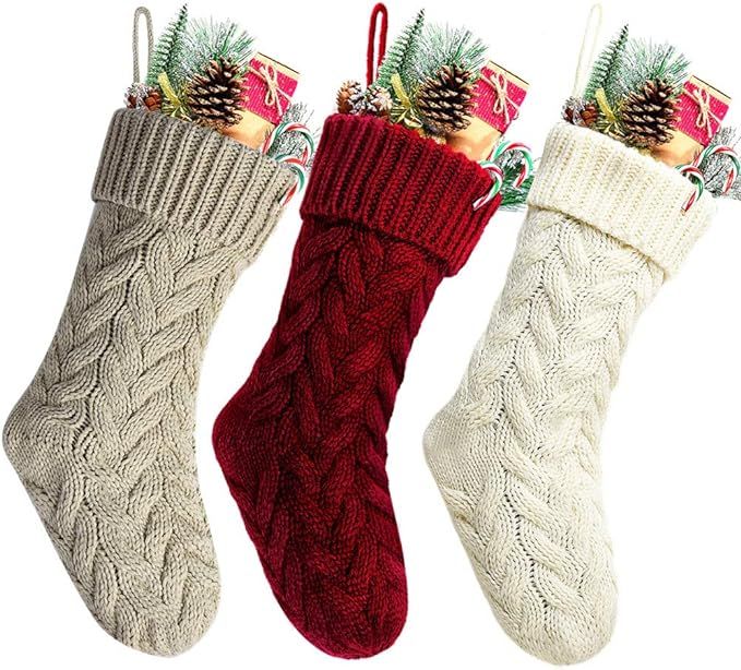 Pack 3,18" Unique Burgundy and Ivory White and Khaki Knit Christmas Stockings | Amazon (US)