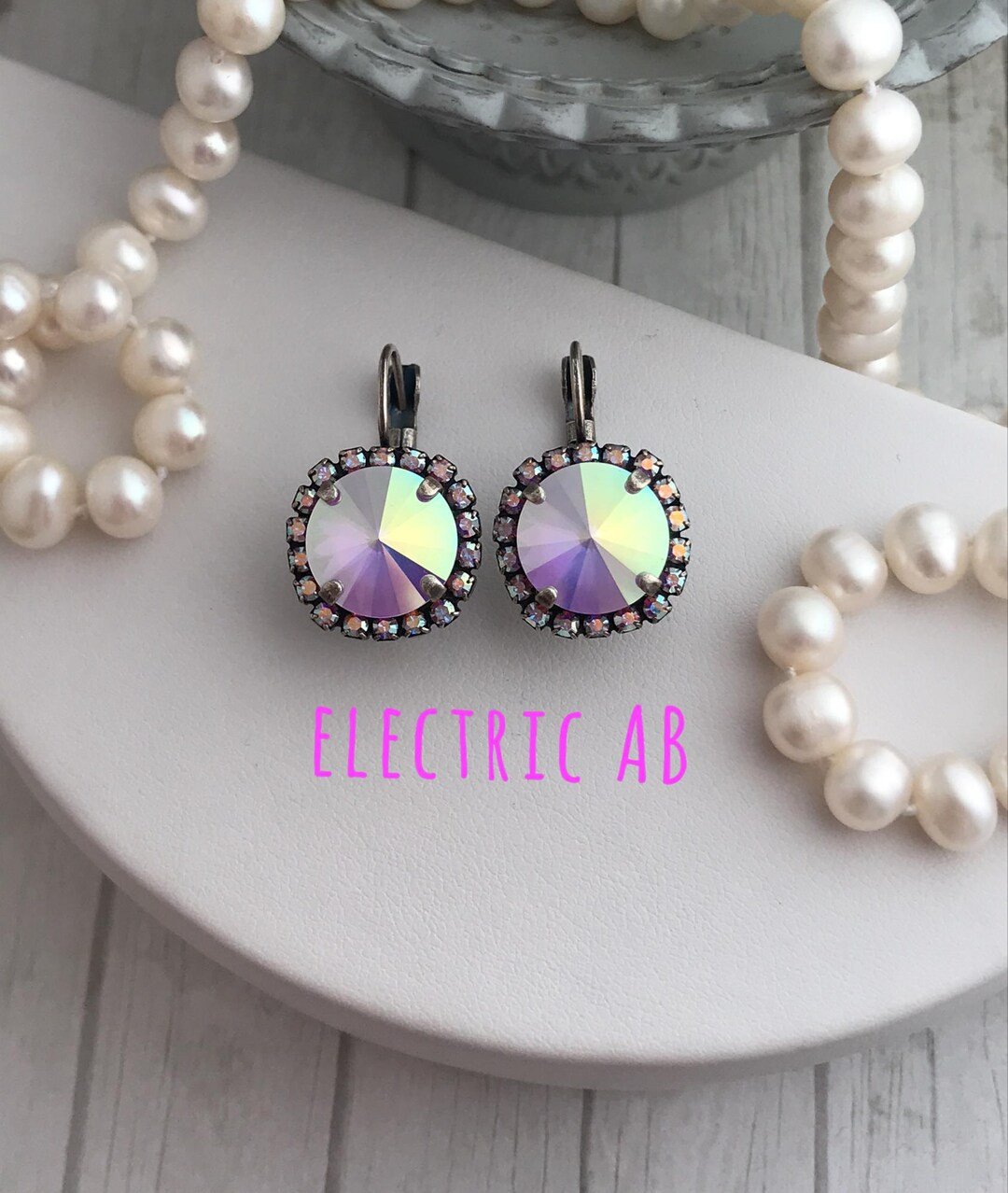 VINTAGE LUXE 12mm Austrian Crystal Halo Drop Earrings, Round Shimmer Stone Earring Aurora Boreali... | Etsy (US)