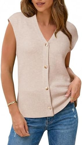 Arach&Cloz Women's Wool Blend Sweater Vest Button Down Summer Cardigan Lightweight Business Casua... | Amazon (US)