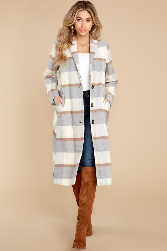 Transforming Style Grey Plaid Coat | Red Dress 