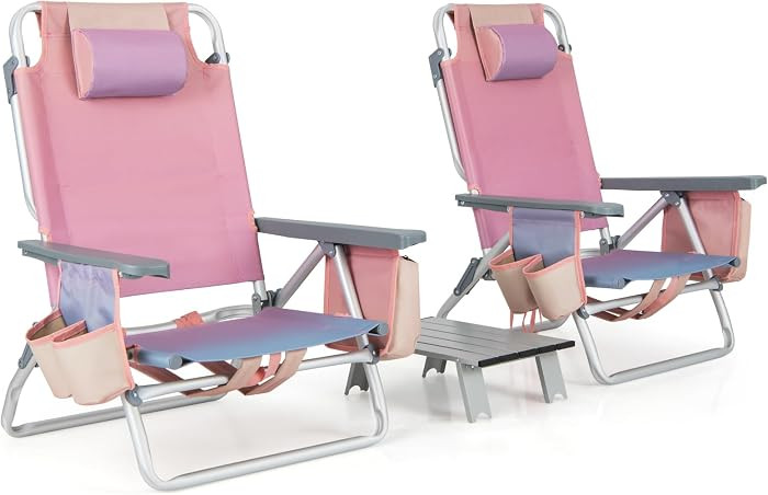 GYMAX Beach Chairs, Backpack Camping Chair with Armrest, Cooler Bag, Cup Holder, Towel Bar & Side Pockets, Sunbath Sling Tanning Lounge, Folding Layout Chair (with Table, Pink) | Amazon (US)