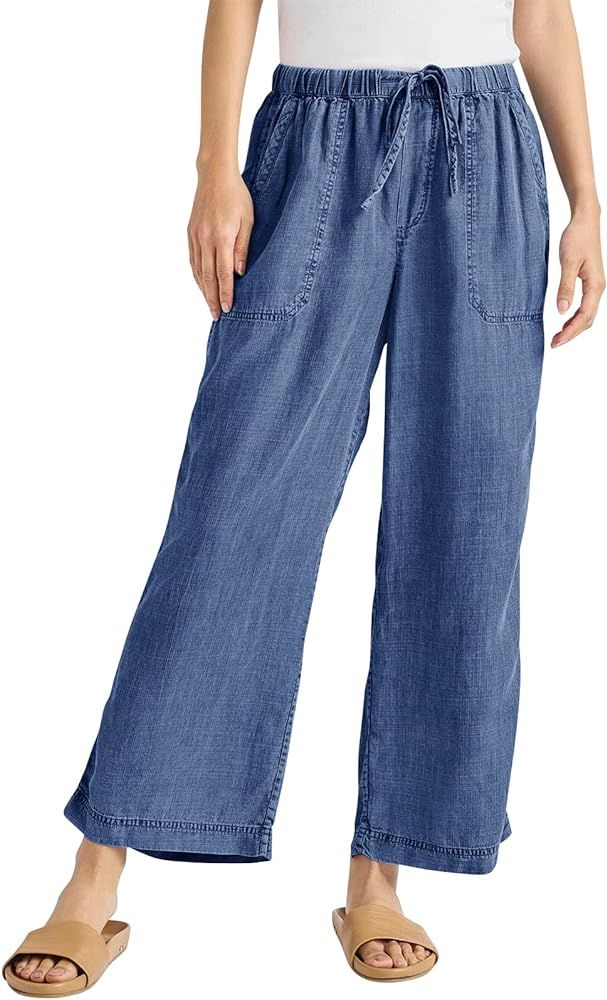 Valphsio Women's Baggy Wide Leg Jeans Tie Waist Chambray Culottes Tassel Pants Crop Length | Amazon (US)