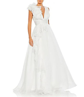 Mac Duggal Chiffon Deep V-Neck Sleeveless Ruffled Shoulder Gown - 8 | Dillard's