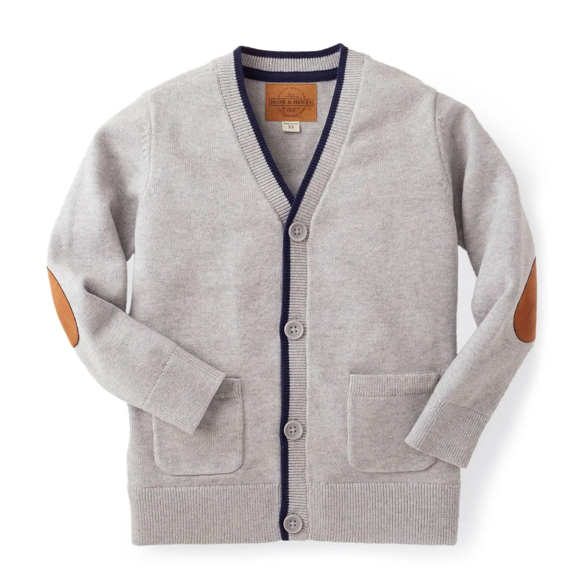 Hope & Henry Boys' Organic Tipped Cardigan with Elbow Patches, Kids in Charcoal Gray Heather at Nordstrom, Size Xx-Small | Nordstrom