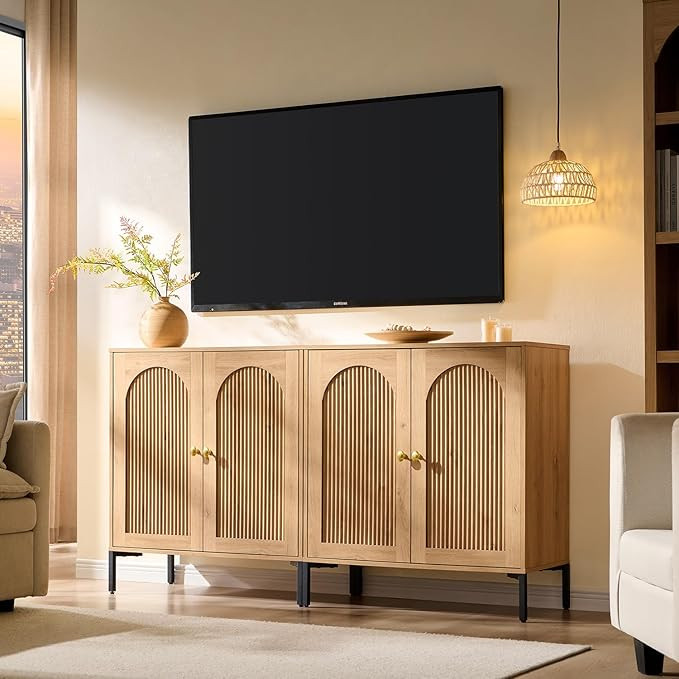 Modern TV Stands for 75 Inch TVs, 61.75‬"W Wood Entertainment Center w/Adjustable Shelves, Mid ... | Amazon (US)