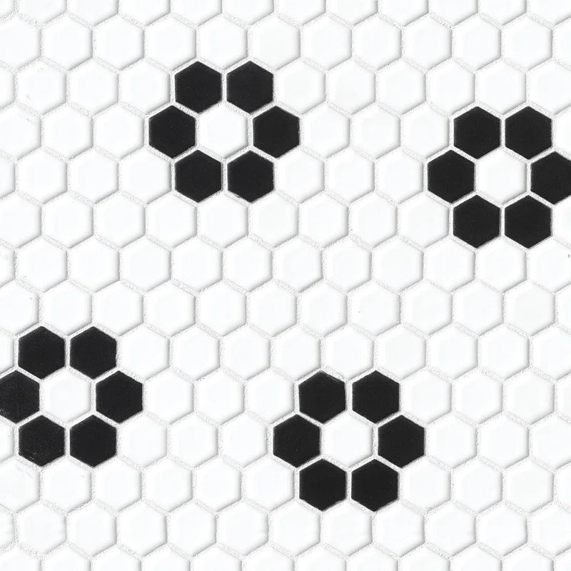Hex 1" x 1" Porcelain Deco Mosaic Tile in Black and White | Wayfair North America