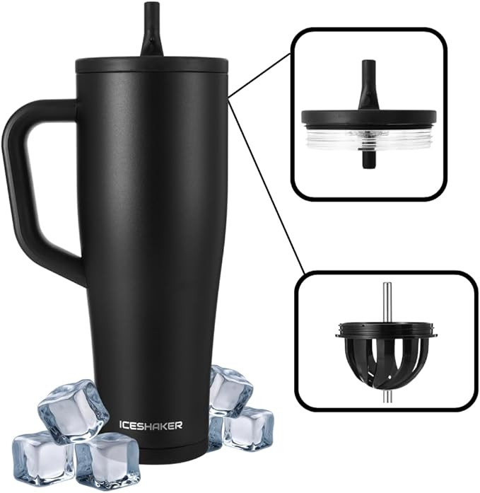 Ice Shaker 40 oz Tumbler with Handle and Straw | 40oz Black | Cold for 30+ Hours | 2-in-1 Tumbler... | Amazon (US)