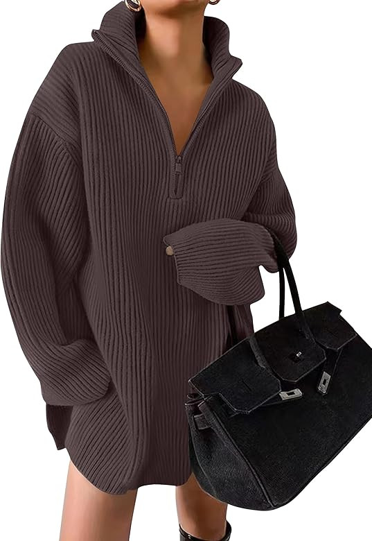 ZESICA Women's Casual V Neck Sweater Dress Oversized Long Sleeve Zip Up Ribbed Knit Loose Pullove... | Amazon (US)