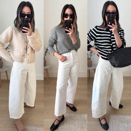 Everlane barrel jeans. Everlane white jeans. How to style white jeans  

Left to Right:

ASTR the Label sweater small 
Everlane jeans 26. size up and cut hems
Jeffrey Campbell flats 5.5
Celine sunglasses

J.Crew sweater xs
J.Crew jeans petite 24
Everlane flats 5
YSL sunglasses 

J.Crew sweater small
Everlane jeans 26. cut hems and sized up
Everlane flats 5
Dragon Diffusion bag small 
YSL sunglasses 

#LTKitbag #LTKshoecrush #LTKSeasonal