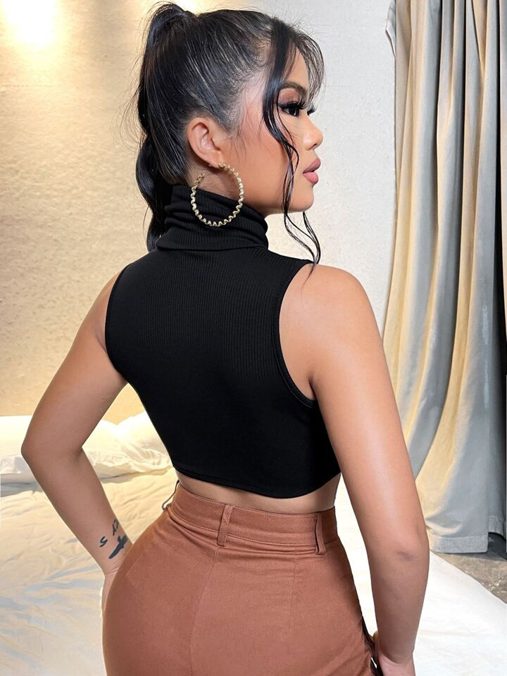 SHEIN SXY Ribbed Knit Solid Turtle Neck Tank Top | SHEIN