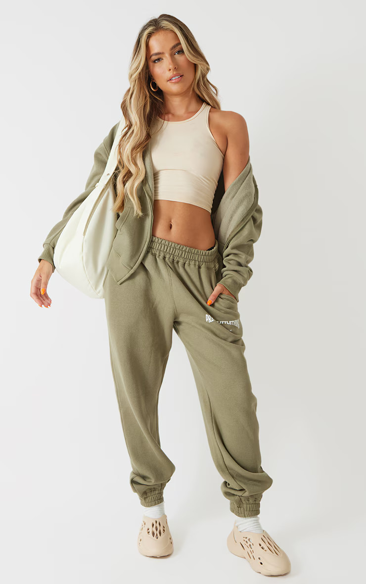 PRETTYLITTLETHING Khaki New Vibe Print Oversized Joggers | PrettyLittleThing US