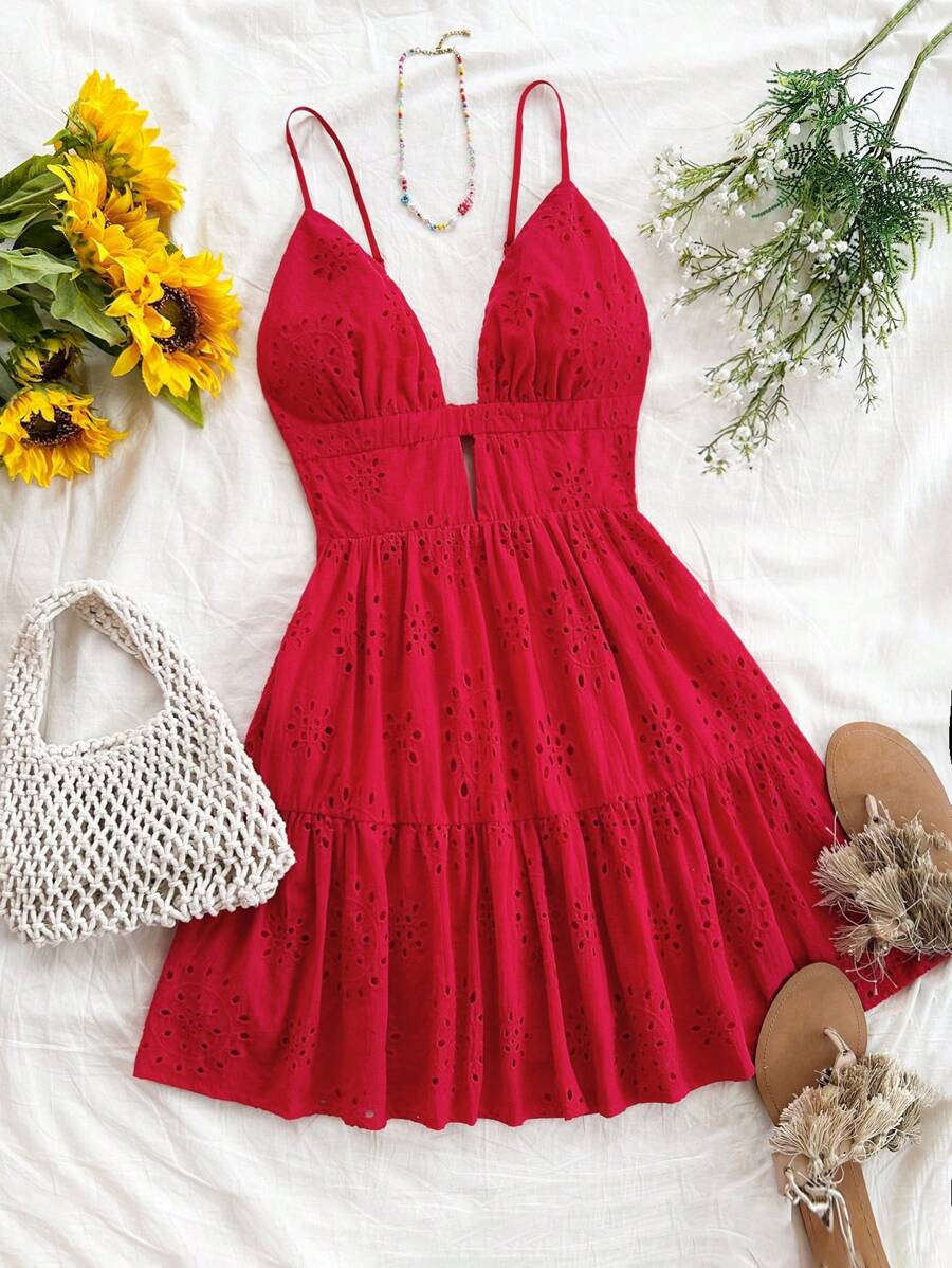 SHEIN WYWH Women's Vacation Red Woven Embroidered Textured Spaghetti Strap Open Back A-Line Mini ... | SHEIN