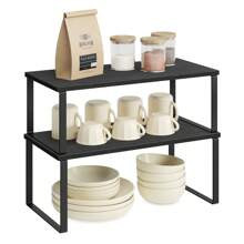 Cabinet Organizer Shelf, Set Of 2 Kitchen Counter Shelves, Kitchen Storage, Spice Rack, Stackable, Expandable, Metal And Engineered Wood | SHEIN