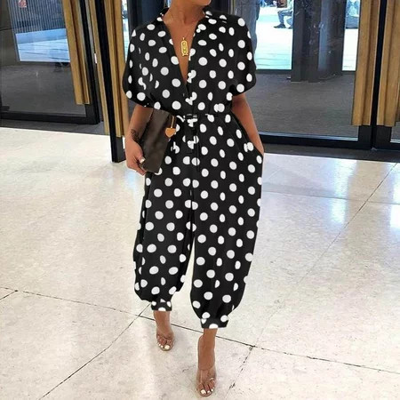 HOMBOM One Piece Jumpsuits for Women Flare Black Short Sleeve V-neck Polka Dot Jumpsuit 2XL | Walmart (US)
