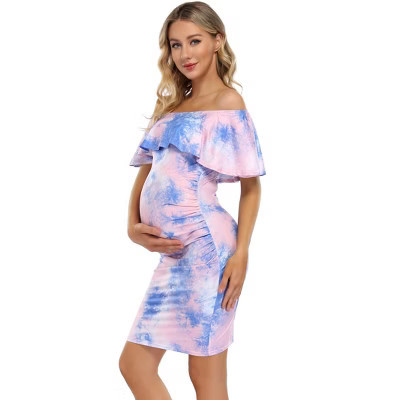 Summer Dress for Women Off Shoulder Casual Mini Dress Ruffle Sleeve Maternity Dress,Tie-dye powder/blue,Large | Target
