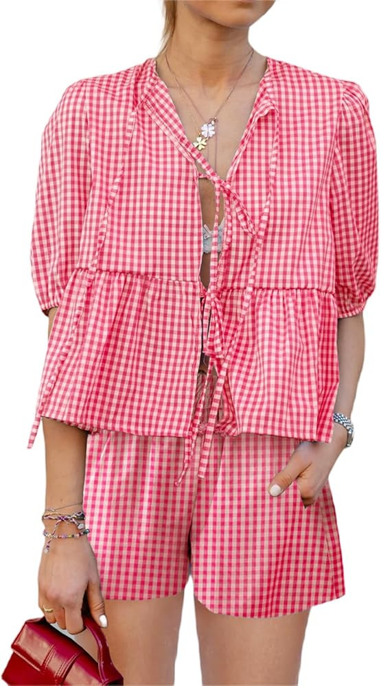 Faretumiya Y2k Summer Pajamas Set Women Peplum Shirt Shorts Set Short Sleeve Tie Front Babydoll T... | Amazon (US)
