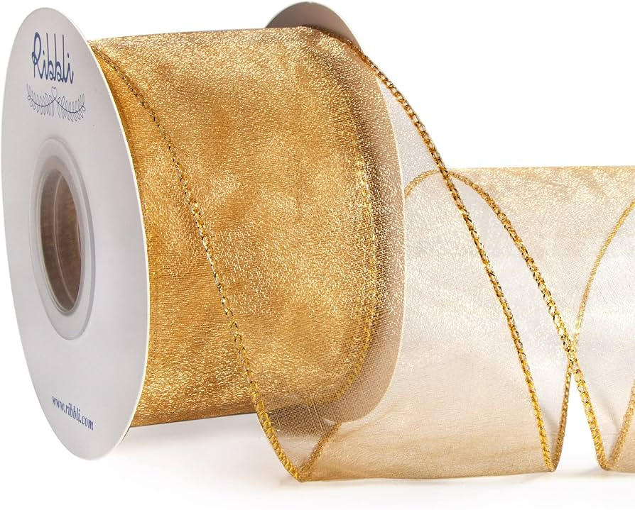 Ribbli Gold Organza Wired Ribbon, Old Gold Sheer with Metallic Edge,2-1/2 Inch x 20 Yards Christm... | Amazon (US)
