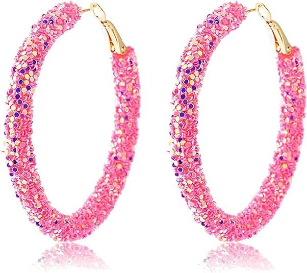 Bohemian Shiny Glitter Sequins Hoop Earrings Wrapped Gold Plated Circle Statement Rhinestone Dang... | Amazon (US)