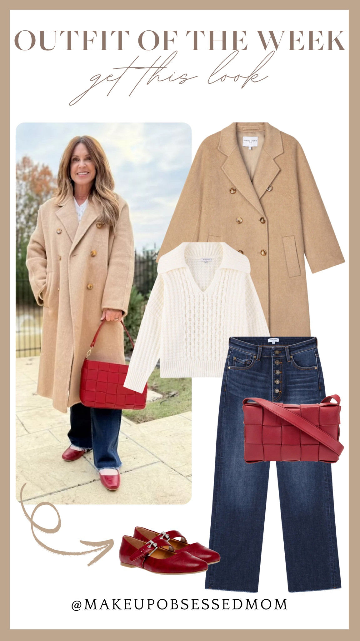 This week's featured outfit is all about effortless chic. Wearing a white cable knit sweater and loose wide-leg jeans layered with a nude long coat! Love how the red cassette shoulder bag and Mary Jane flats provide a nice pop of color to the look.
#casualoutfit #ootd #midlifestyle #vacationinspo

#LTKItBag #LTKSeasonal #LTKStyleTip