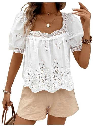 SweatyRocks Women's Square Neck Puff Sleeve Eyelet Lace Hollow Out Embroidered Top Blouse | Amazon (US)