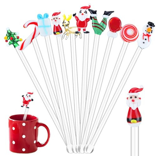Yaomiao 10 Pieces Christmas Glass Swizzle Stick Xmas Cocktail Stirrers Santa Candy Snowman Glass Stir Sticks Reusable Transparent Stirring Rod for Drinks Coffee Holiday Party Bar(Santa) | Amazon (US)