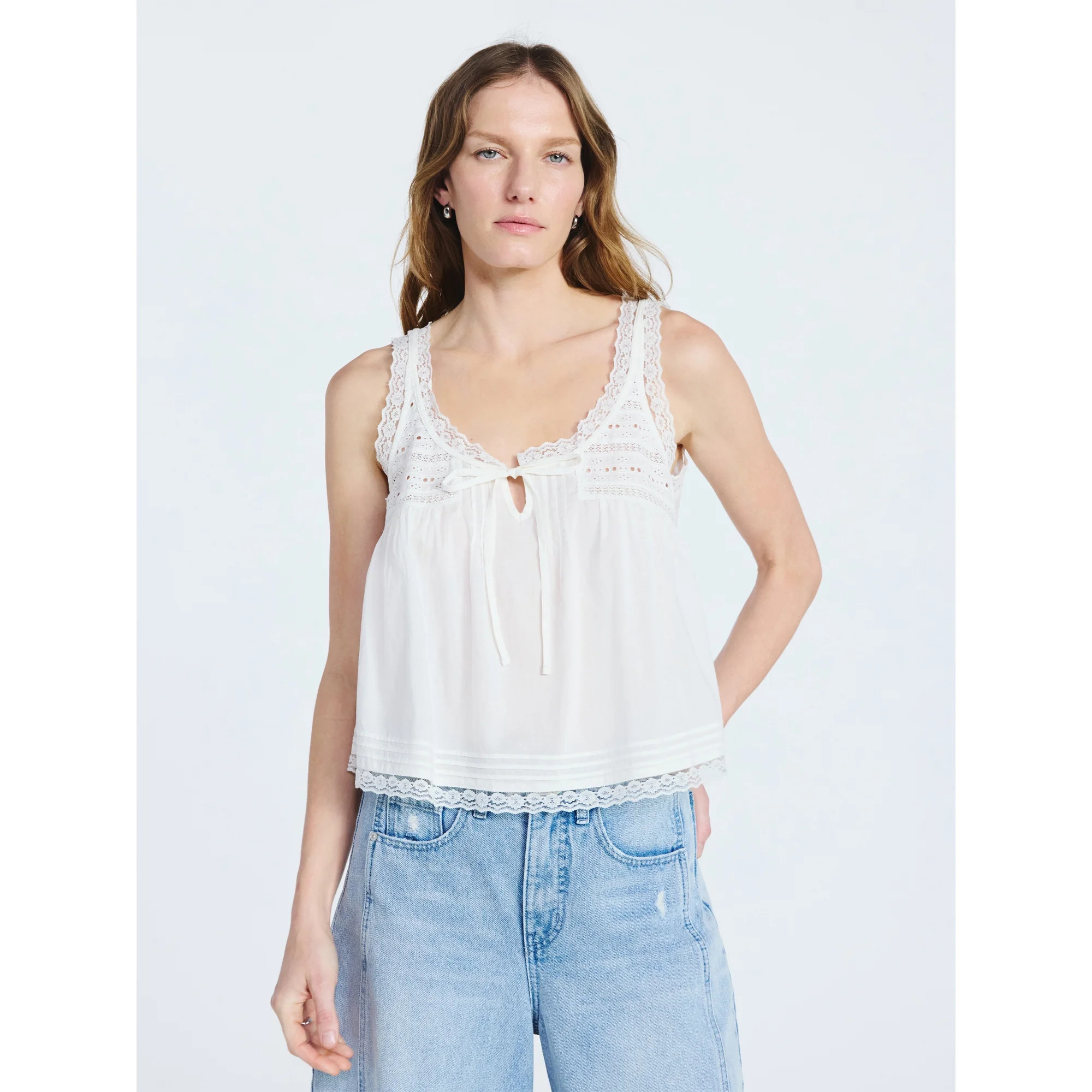 Scoop Women's and Women's Plus Flowy Cotton Tank Top with Lace Trim, Sizes XS-4X | Walmart (US)
