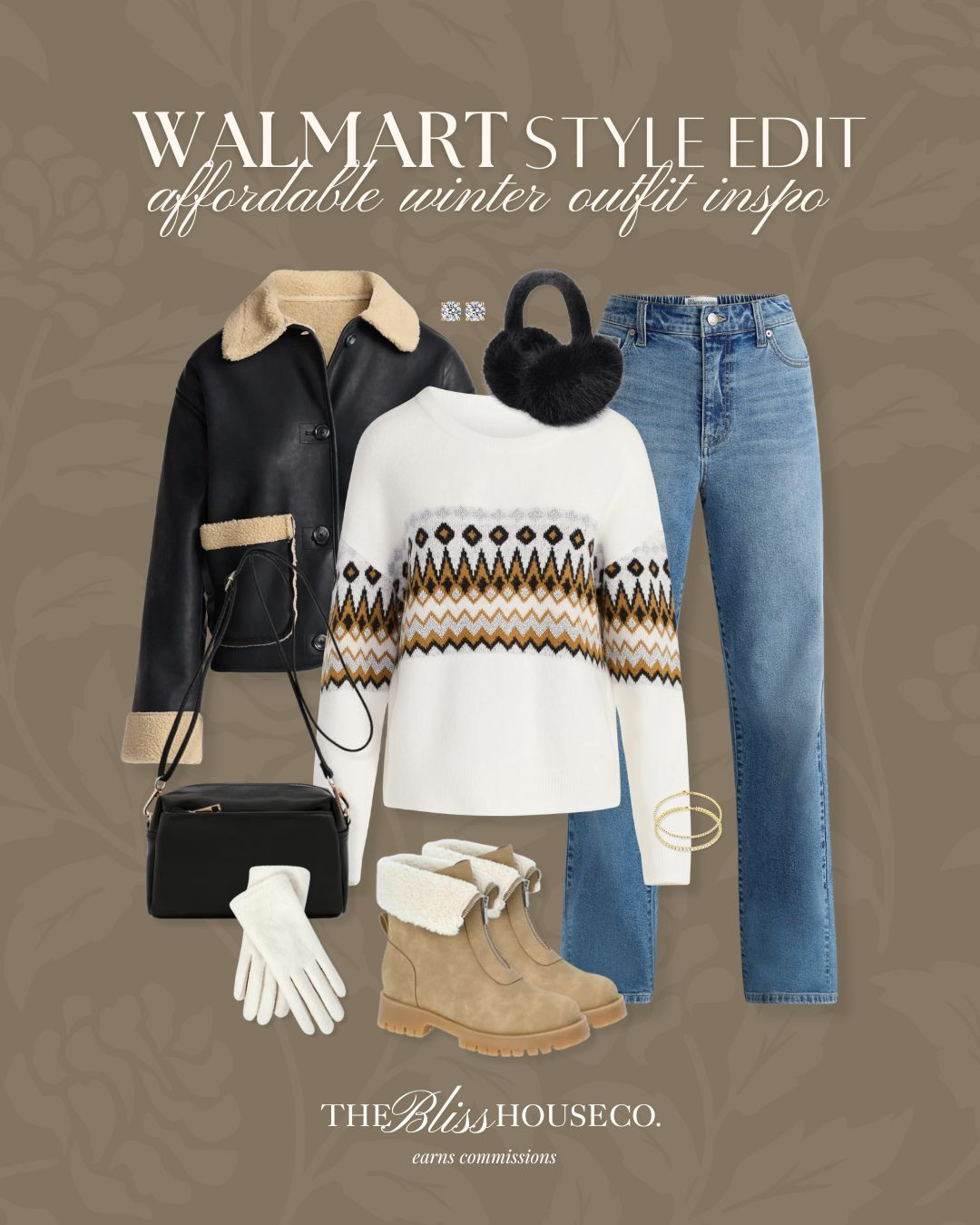 Affordable winter outfit inspo all from Walmart ✨ Cold weather style, winter fashion, jeans, trending fair isle sweater, sherpa leather jacket, gloves, ear muffs, winter boots, Walmart fashion finds. 

 #LTKootd #LTKSeasonal #LTKFindsUnder50