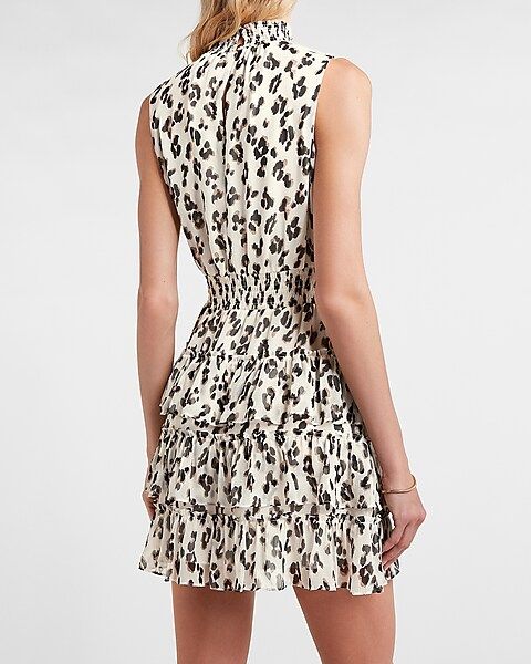 Animal Print Tiered Sleeveless Smocked Mock Neck Dress | Express