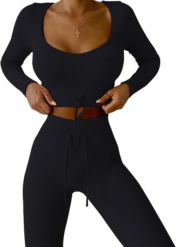 SVVINN Women Workout Outfits 2 Piece Ribbed Seamless Gym Zipper Bra Yoga High Waist Leggings Sets | Amazon (US)