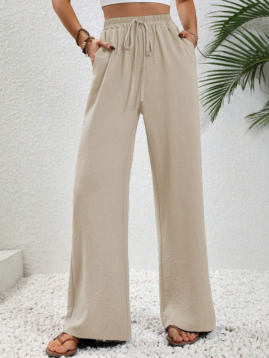 SHEIN LUNE Drawstring Waist Slant Pocket Wide Leg Pants | SHEIN