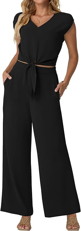 Lepunuo Women Summer 2 Piece Outfits Cap Sleeve V Neck Belted Crop Tops Casual Wide Leg Pants Mat... | Amazon (US)