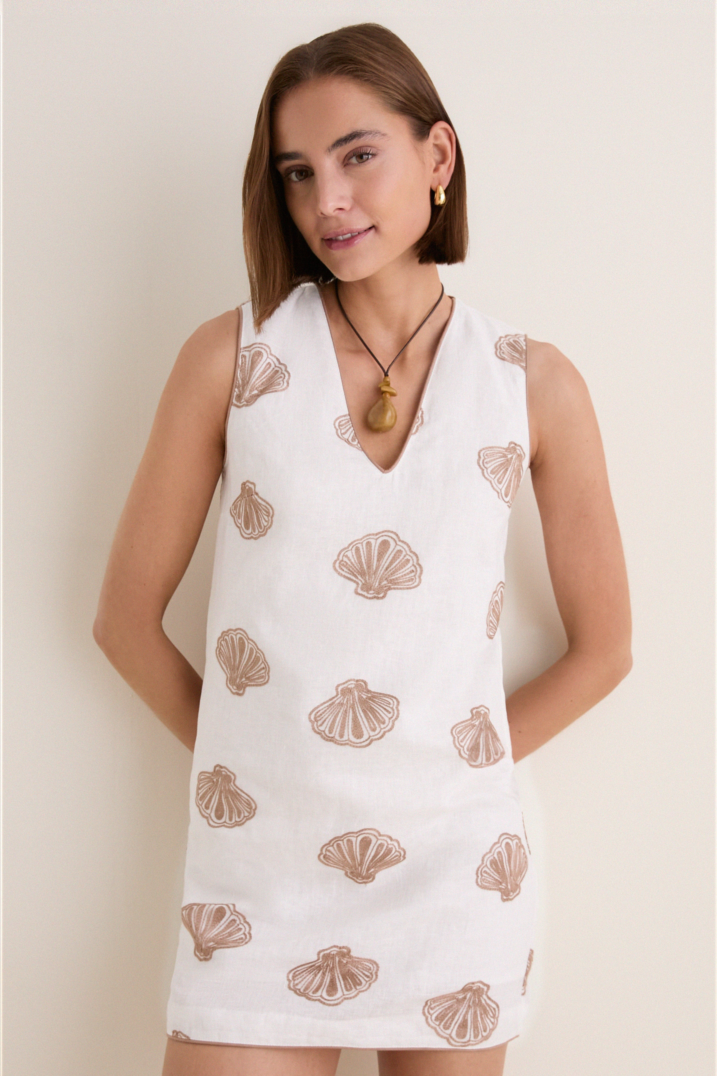 White & Tan Embroidered Seashell Manteo Mini Dress | Tuckernuck (US)