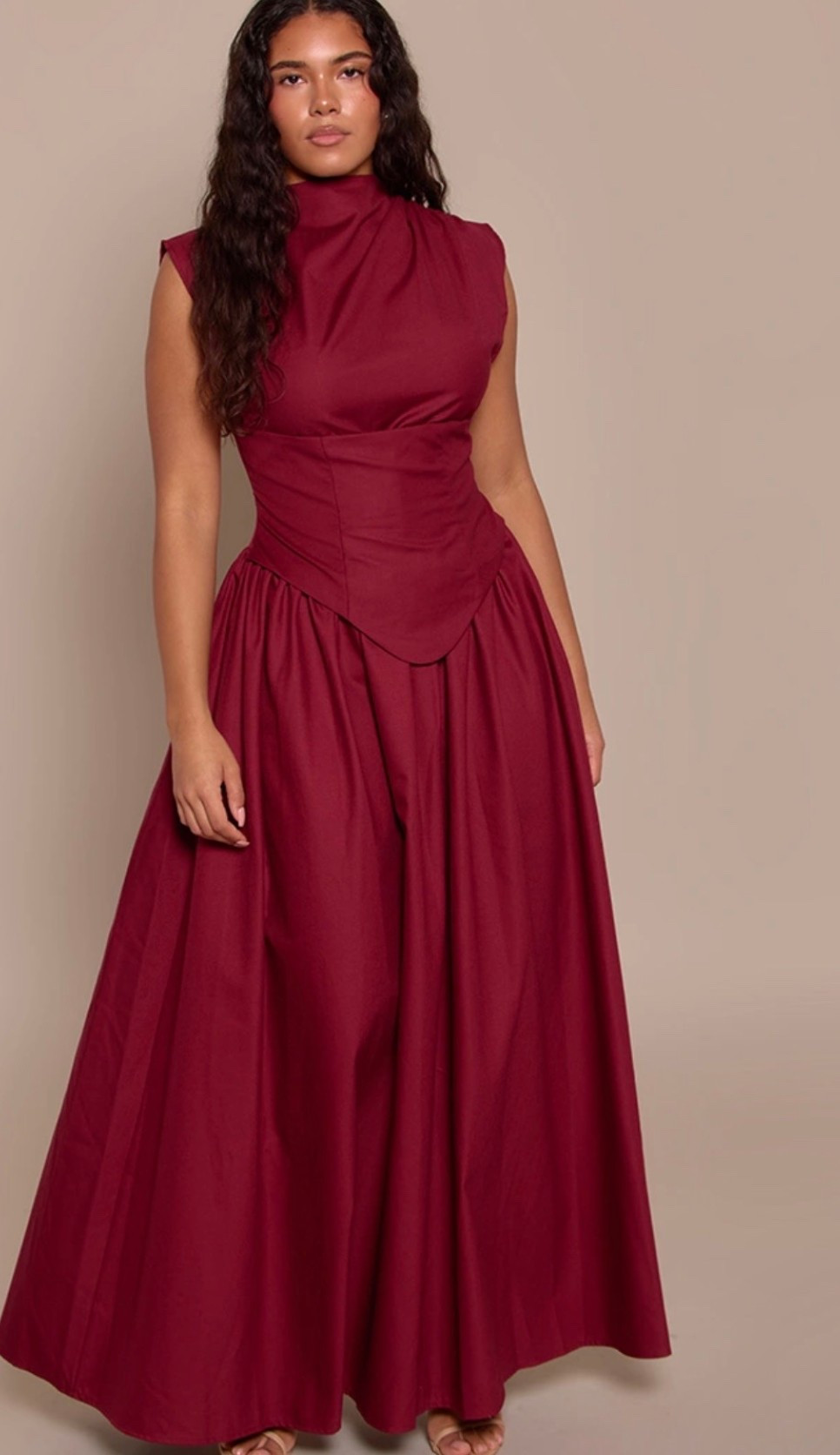 SHAPE BURGUNDY WOVEN HIGH NECK CORSETED MAXI SHIFT DRESS @prettylittlething 