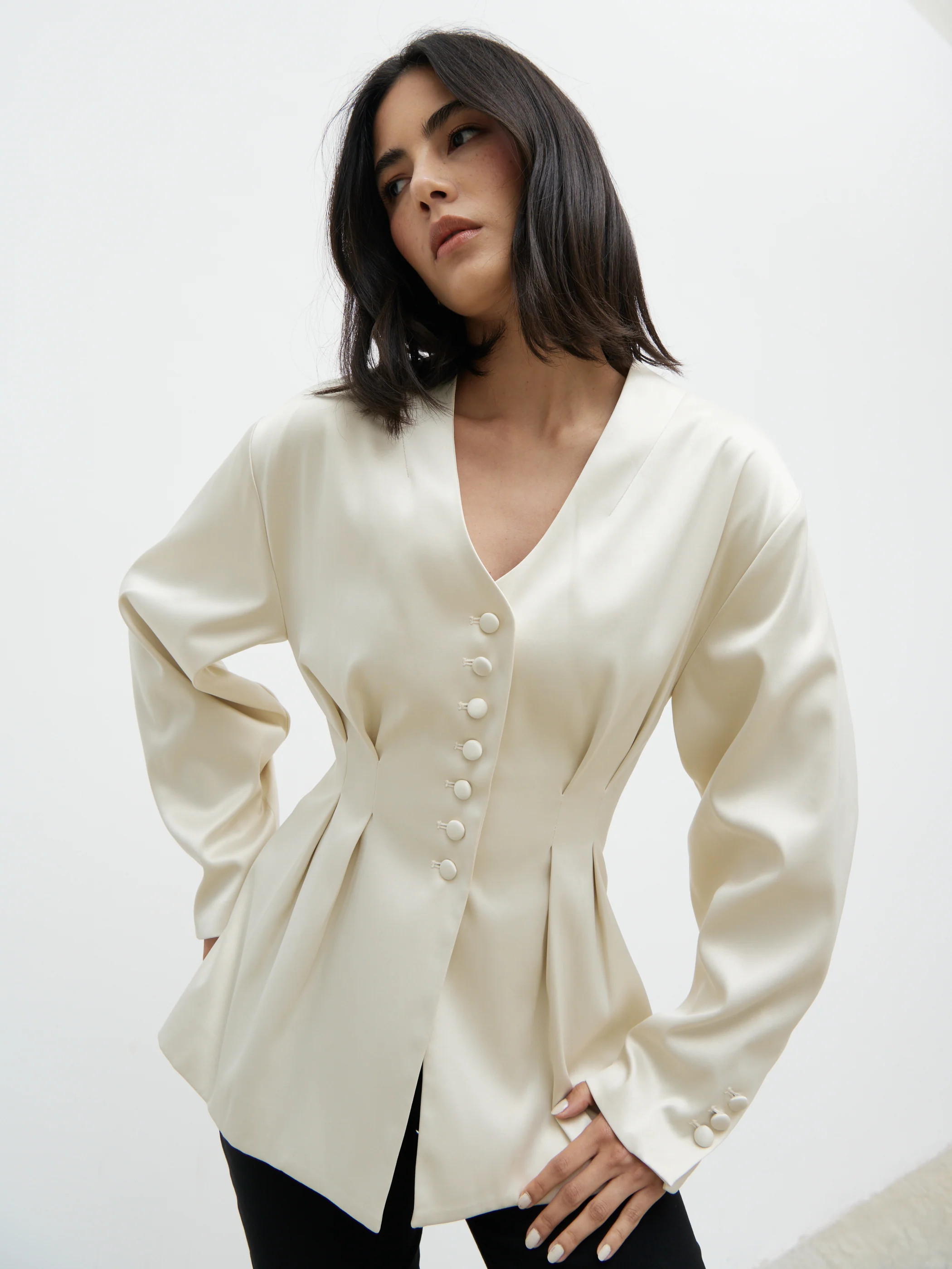 Amora Collarless Bonded Satin Jacket | Pretty Lavish (UK)