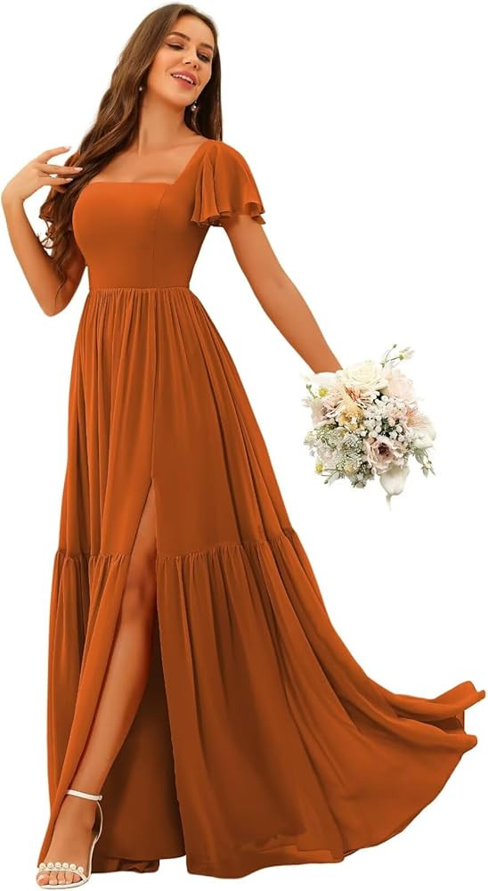 YOFF Square Neck Bridesmaid Dresses with Slit Flutter Sleeves Chiffon Long Maxi Formal Party Dres... | Amazon (US)