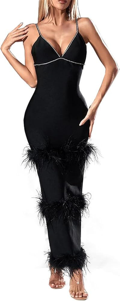 Womens Sexy Sleeveless Solid Color Feather Stitching Slim Back Split Strap Dress Nightclub Dress | Amazon (US)