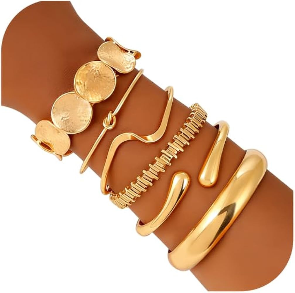 ILGANT Gold Bangle Bracelets for Women Gold Plated Chunky Cuff Bangle Bracelet Stackable Multi La... | Amazon (US)